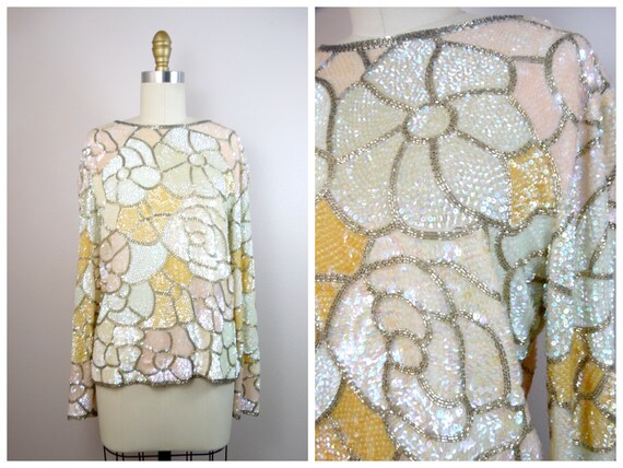 S/M Iridescent Sequined Beaded Ivory Cream Top / … - image 6