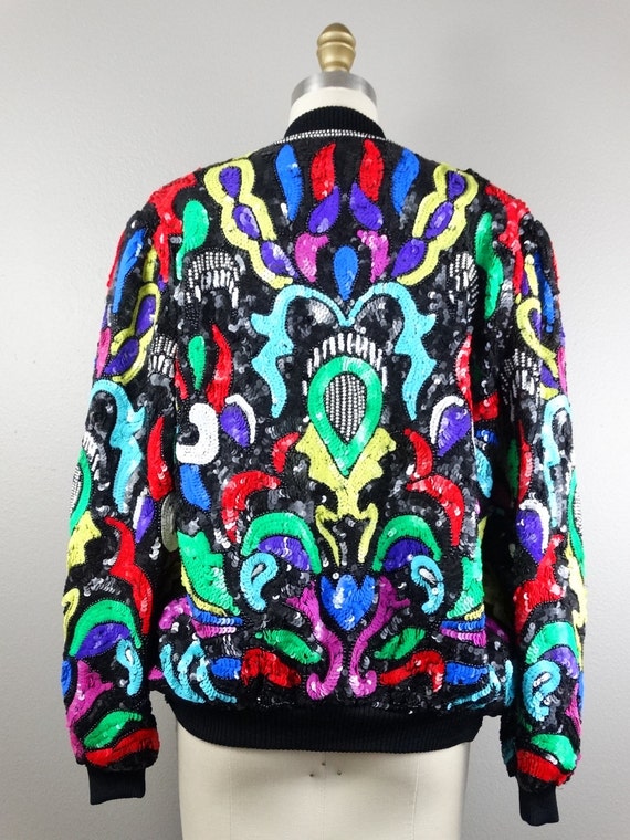 80s Neon Sequin Jacket / Retro Bright Colorful Sequined Bomber