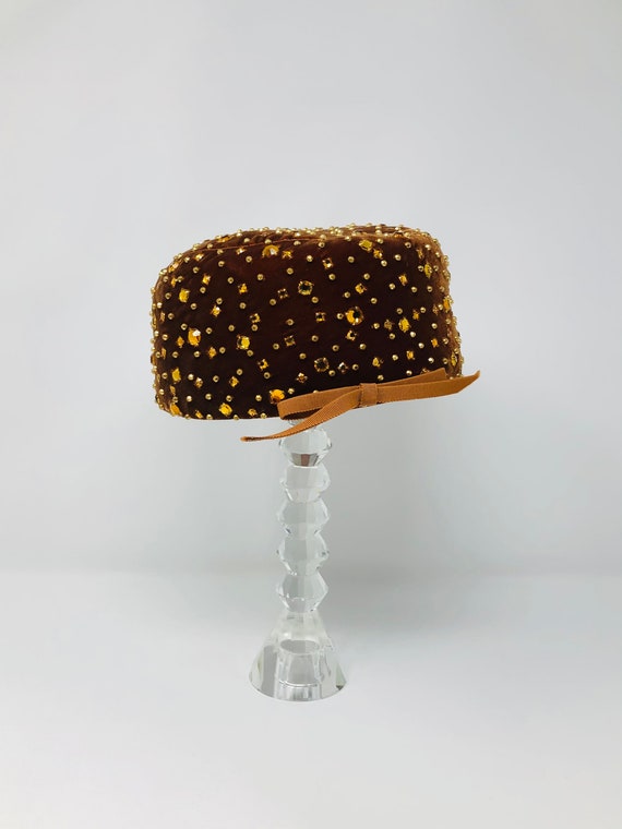 Vintage 60s Crystal Rhinestone Beaded Pillbox Hat / 1960s  display picture 1