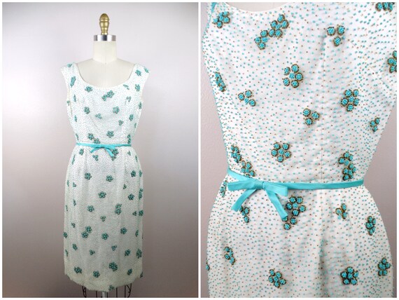 50s Floral Beaded Dress // Mid Century Mod White … - image 1