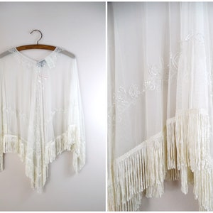Sheer Beaded Silk Fringe Poncho // Iridescent Embellished Ivory Sequin Wedding Top Cape // Bridal Cover Up