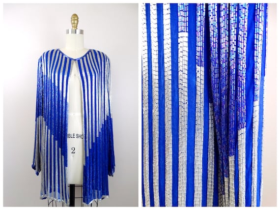 HEAVY Beaded Jacket // Royal Blue and Silver Long… - image 5