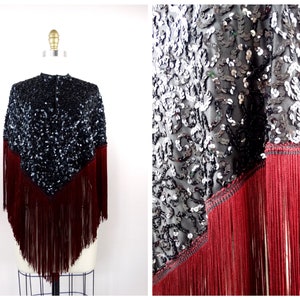 70s Fringe Sequined Poncho // Vintage Black Sequin Embellished Cape // Long Maroon Silk Fringe Poncho