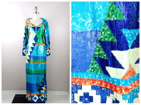 80s Geometric Sequin Dress // Retro Vintage Sequi… - image 10