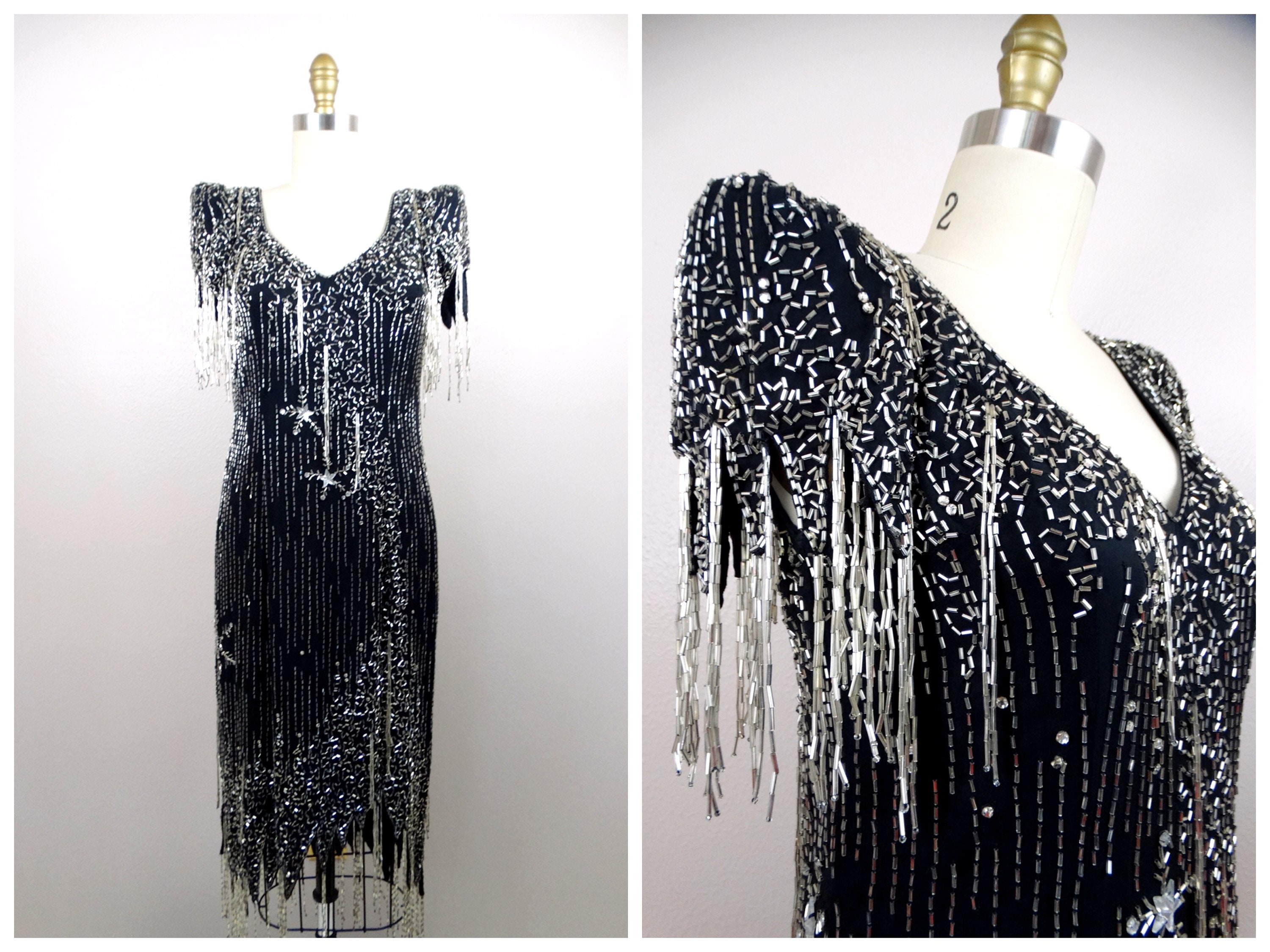 black and silver fringe dress Alexine  Luxury Couture Dress by BLINI