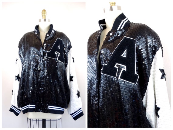 90s Sequined A Bomber Jacket // Stars Varsity Let… - image 1