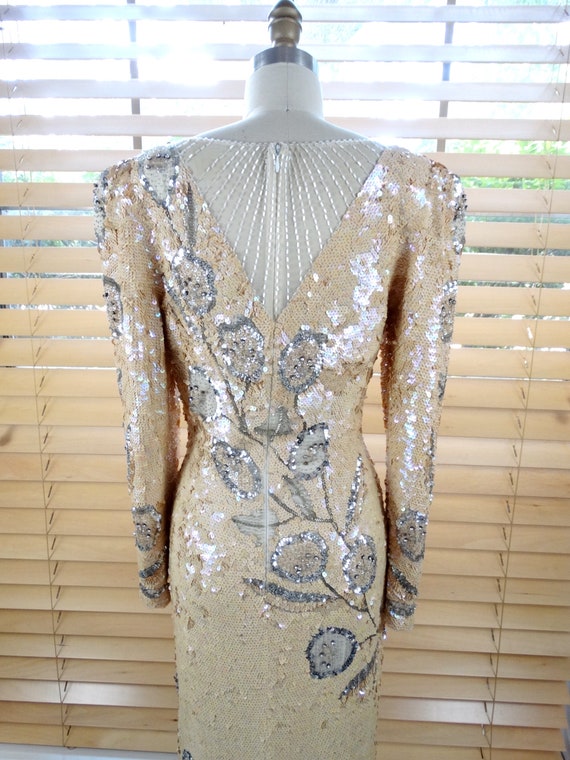 Ivory Sequined Beaded Gown • Iridescent Cream and… - image 7
