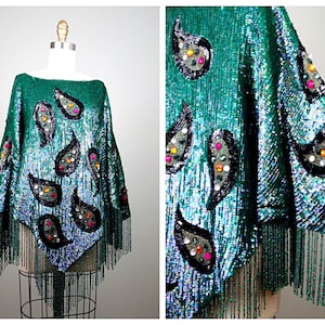 RARE Haute Couture Sequined Fringe Beaded Poncho / Jade Green Art Deco Jewel Encrusted Sequin Embellished Cape Top