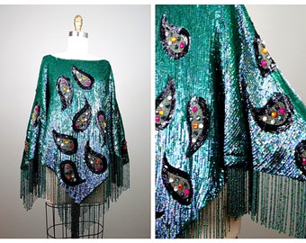 RARE Haute Couture Sequined Fringe Beaded Poncho / Jade Green Art Deco Jewel Encrusted Sequin Embellished Cape Top