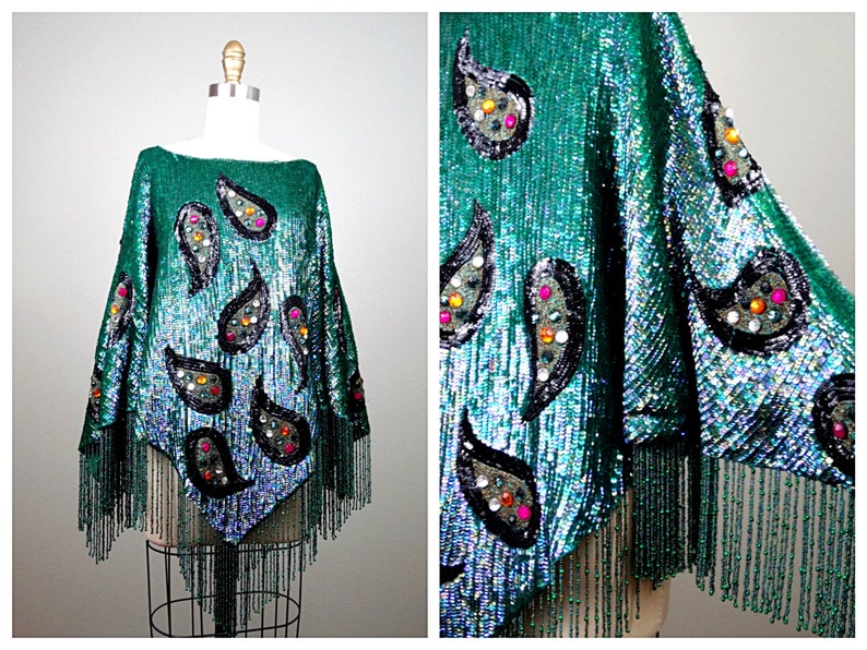 RARE Haute Couture Sequined Fringe Beaded Poncho / Jade Green Art Deco Jewel Encrusted Sequin Embellished Cape Top image 1