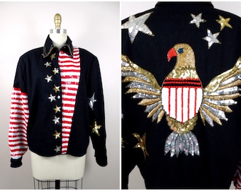SELTENE Stars & Stripes Paillettenjacke // USA Flying Eagles Pailletten Bomberjacke // Amerikanischer Baldadler-Denim-Mantel