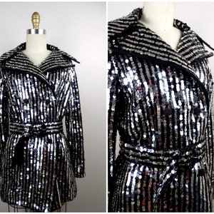 Chaqueta vintage de lentejuelas con cinturón VALENTINA / Abrigo de lana a rayas negras y plateadas de los años 60 y 70