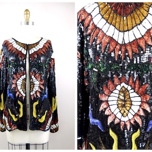 Art Deco Sequin Jacket / Vintage Beaded Sequined Cardigan Size Large