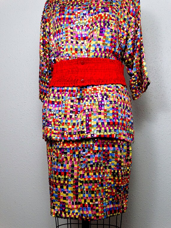 RAINBOW Grid Sequined Skirt / Colorful Colorblock… - image 4
