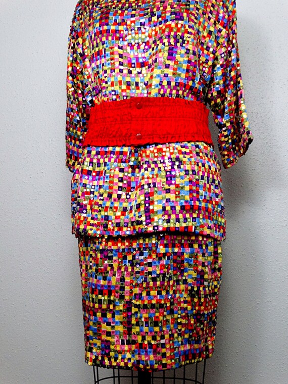 80s 90s Rainbow Sequin Grid Top / Color Block Seq… - image 4