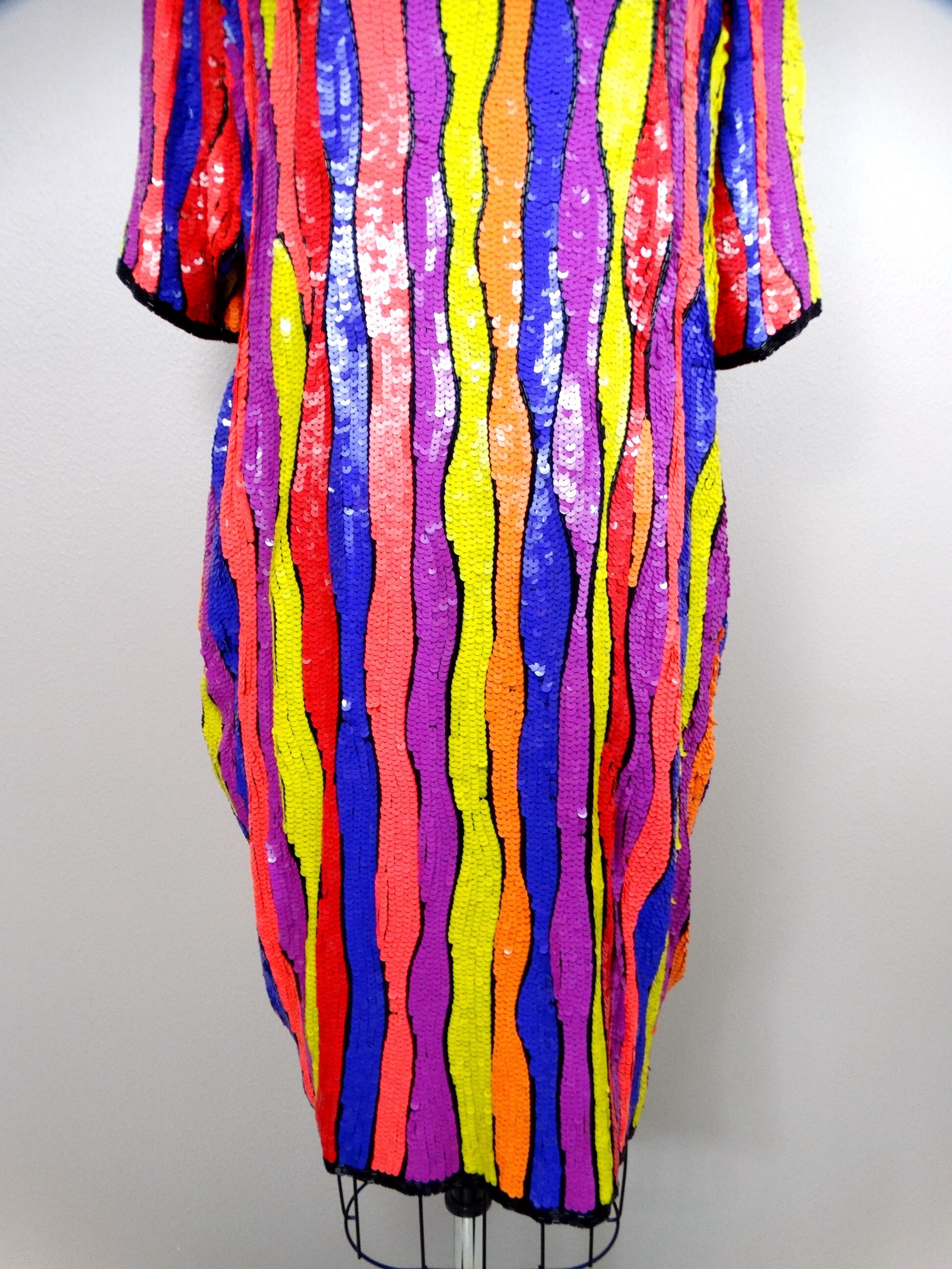 rainbow sequin dress plus size RARE Plus Size Neon Sequined Beaded Dress / Vintage Fluorescent Embellished  Dress / Bright Colorful Sequin Dress