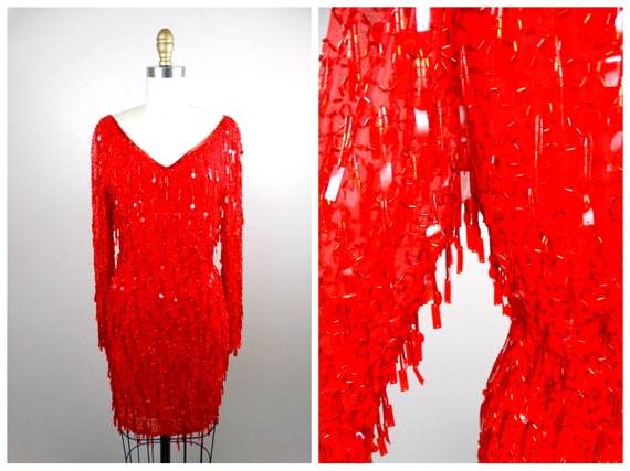 Paillette Fringe Beaded Sequined Dress / Couture … - image 7