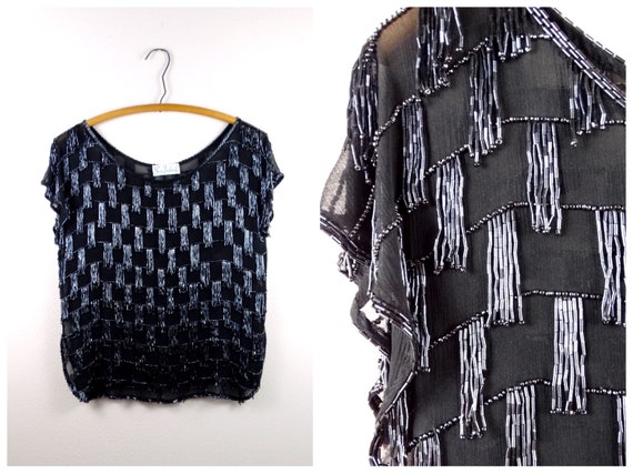 Vintage Fringe Beaded Top // Black Fringed Beaded