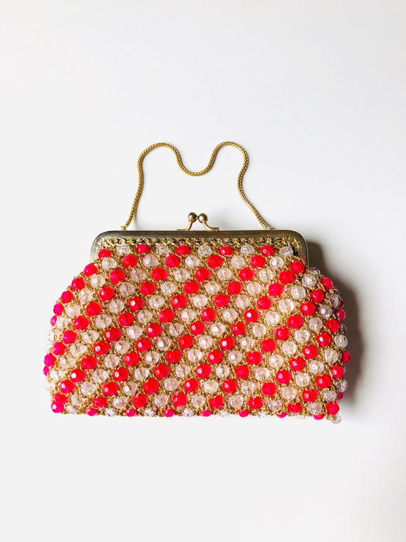 Pink & Clear Beaded Handbag w/ Gold Hardware // Ir