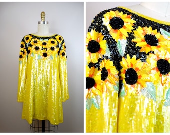 90s Escada Couture Sequin Mini Dress // Sunflower Embellished Long Tunic Top or Micro Mini