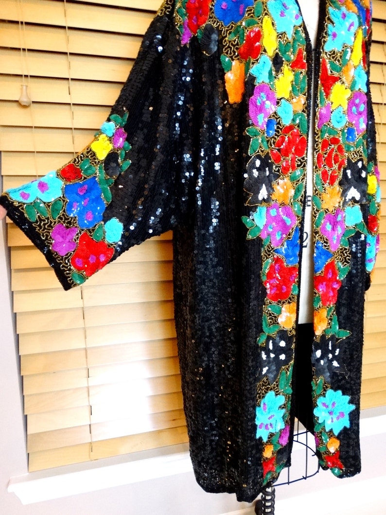 INCREDIBLE Retro Sequined Kimono / Rainbow Floral Sequin Long Etsy