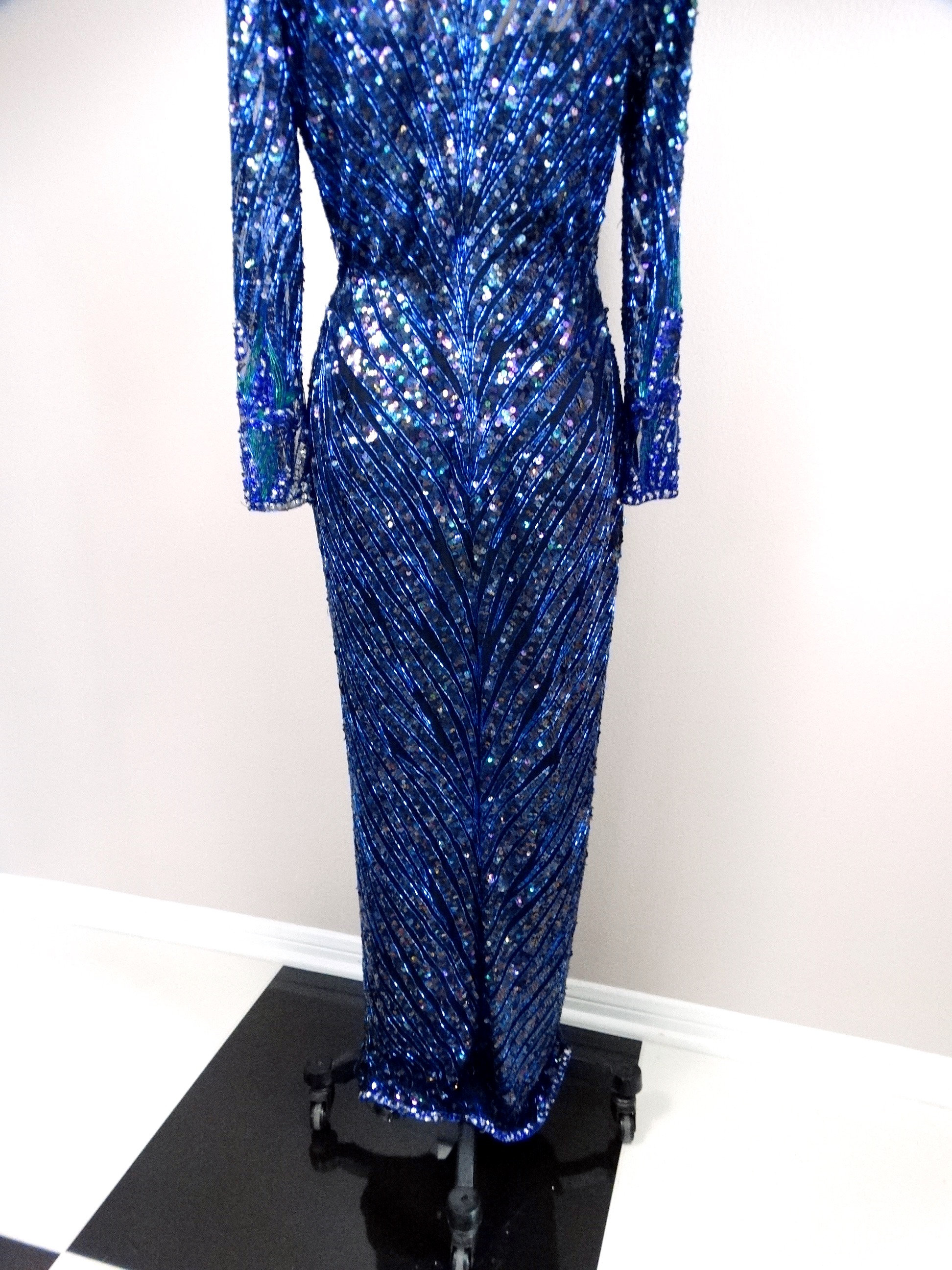 Bob Mackie Crystal Beaded Evening Gown // Royal Blue and Teal Green Hand  Beaded Sequined Designer Couture Gown - Etsy