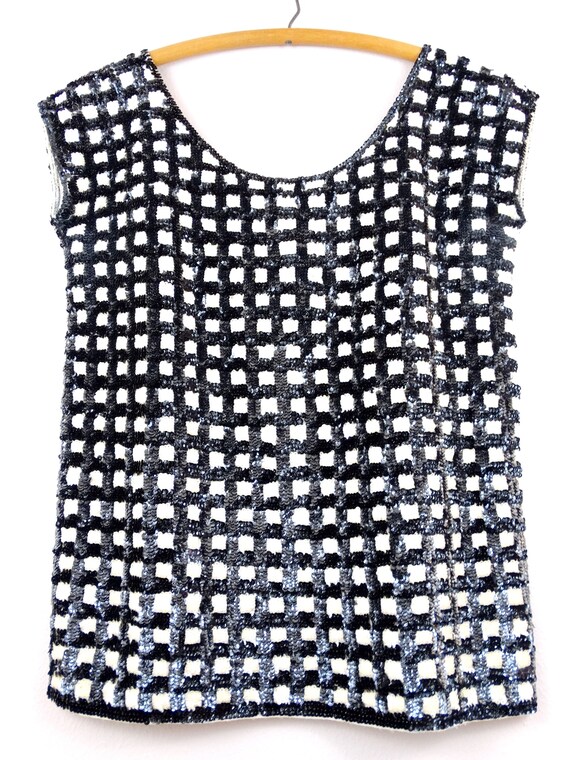 50s 60s Sequin Wool Top / Retro Black & Ivory Che… - image 3