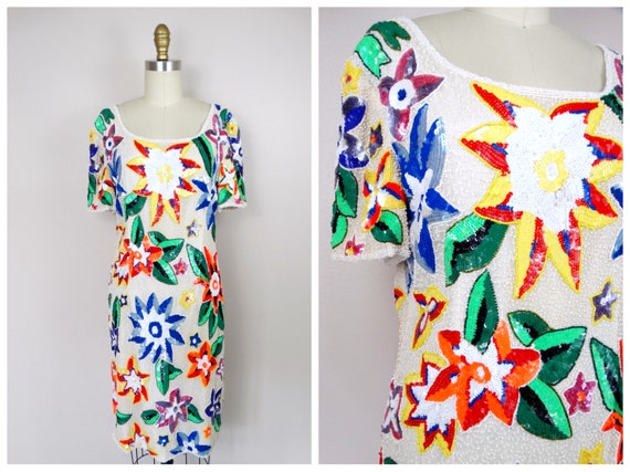 90s Neon Sequin Floral Dress // Bright Vintage Be… - image 7