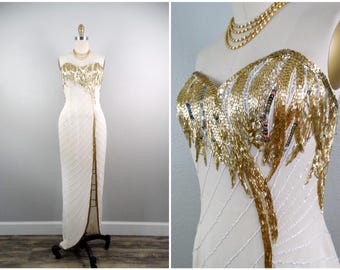 Dynasty Sequined Gown / Vintage Gold Beaded Dress / Sweetheart Strapless Gown
