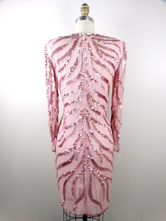 Vintage Sequin Embellished Dress / Rose Pink Sequ… - image 7