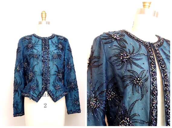 S/M Teal Beaded Evening Jacket / Turquoise Embelli