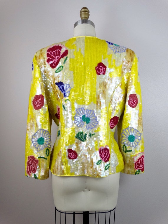 M/L Embroidered Floral Jacket / Bright Yellow Seq… - image 4