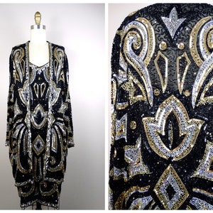 Sheer Embellished Dazzling Duster  // Gold Silver and Black Silk Hand Beaded Sequined Long Shrug