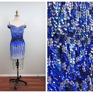 GLAM Ombré Fringe Beaded Mini Dress // Electric Blue Ombre Sequined Dress // 80s 90s Party Dress