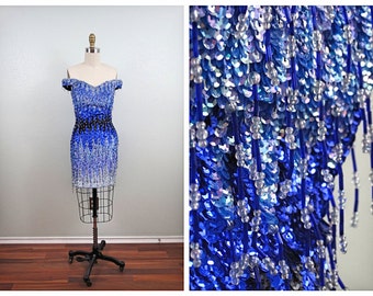 GLAM Ombré Fringe Beaded Mini Dress // Electric Blue Ombre Sequined Dress // 80s 90s Party Dress