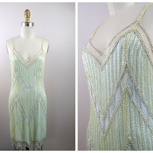 Bob Mackie Beaded Mini Dress / Vintage Couture Sheer Embellished Pastel Beaded Dress