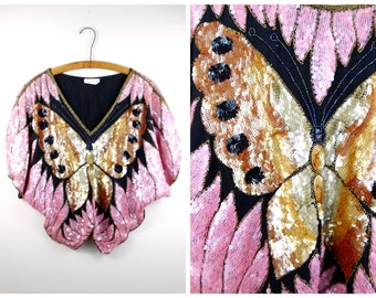 Vintage Sequined Butterfly Blouse / 80's Pink Sequin Embellished Silk Top