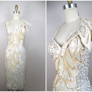 VTG Ivory Sequined Gown / Iridescent White and Silver Beaded Cream Sequin Leaf Dress