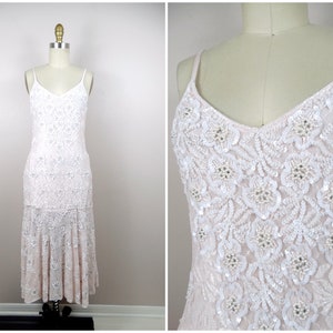 70s Blush Pink Lace Pearl Beaded Sequined Dress // 1970's Vintage Floral White Sequin Dropwaist Midi Gown w/ Spaghetti Straps