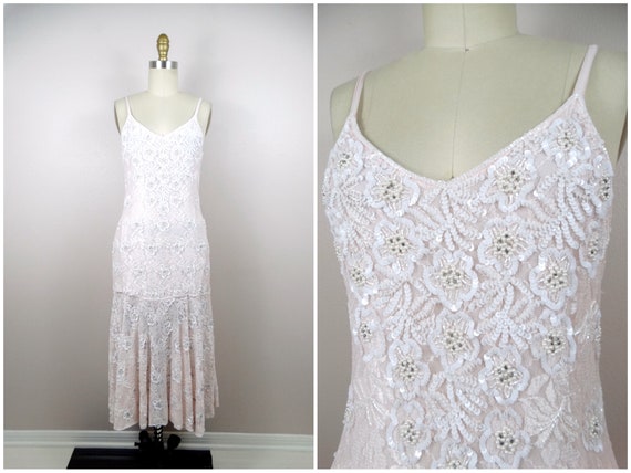 70s Blush Pink Lace Pearl Beaded Sequined Dress /… - image 1