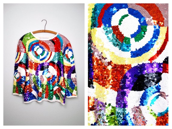 Rainbow Art Sequined Top // Vintage Sequin Embell… - image 1