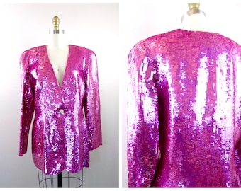 Vintage Pink Sequin Party Blazer, Size L/XL