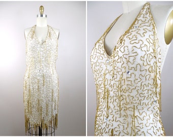 Vintage Gold Beaded Fringe Halter Dress