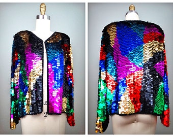 80er Jahre Pailletten Shrug // regenbogenfarbene Pailletten-Jacke