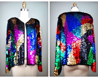 80s Sequin Paillettes Shrug // RAINBOW Paillette Sequined Colorful Dress Jacket