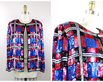 M/L Sequined Plaid Jacket / Checkered Tartan Gingham All Sequin Jacket / Red and Blue Sequined Checker Top