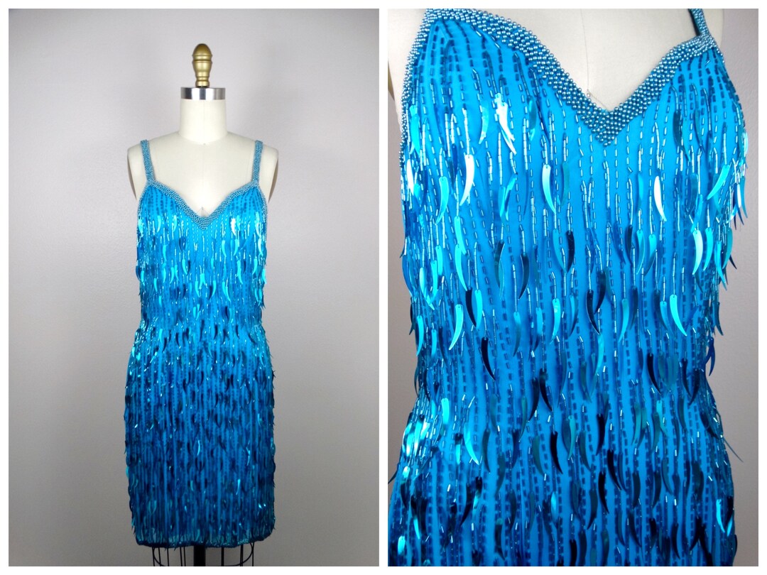 RARE Blue Cattail Sequin Beaded Dress // All Over Fringed - Etsy