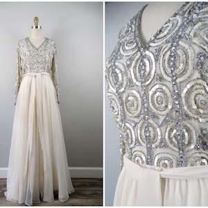 60s 70s Cream Beaded Gown / Iridescent Ivory Sequin Dress / Long Sleeved Ballgown
