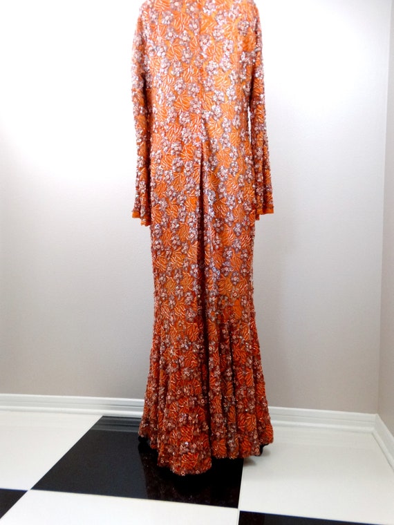 60s Orange Lace Pink Sequined Beaded Gown / 1960'… - image 8