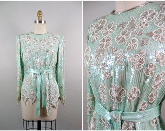 Mint Green Sequin Embellished Blouse / Iridescent Pastel Sequined Pearl Beaded Top Small